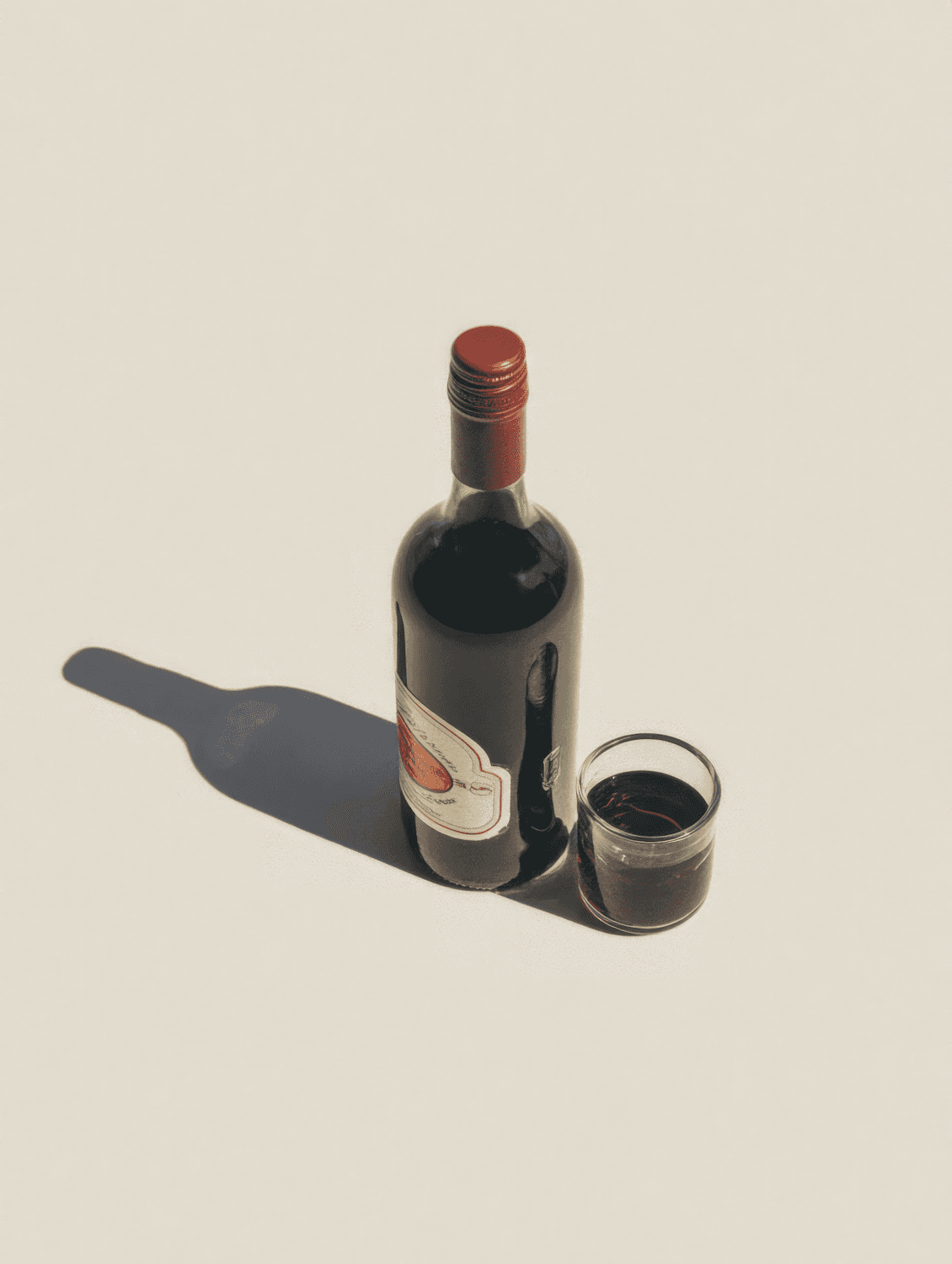 A bottle of red wine and a small glass casting a long shadow on a cream surface