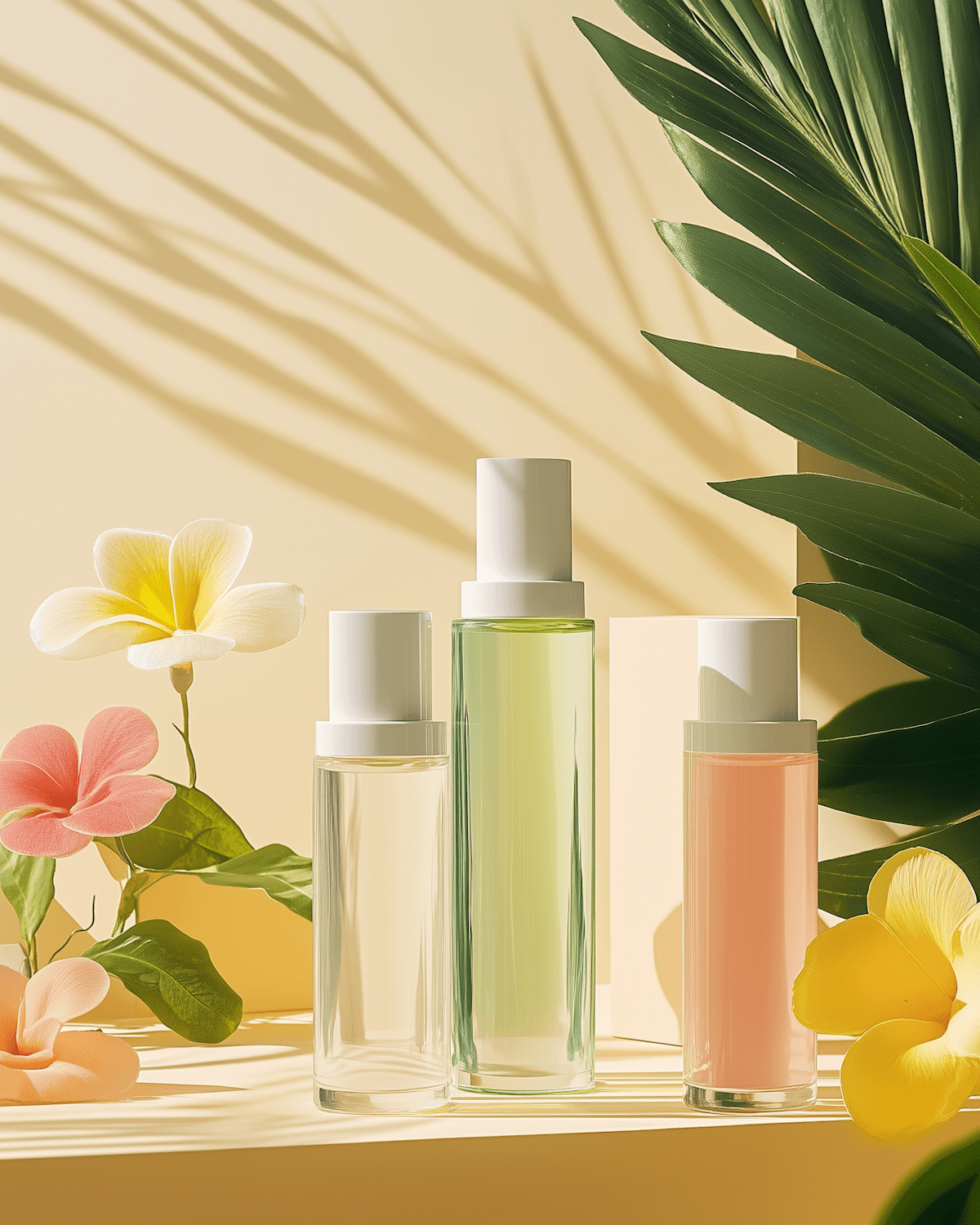 Three skincare bottles with pastel serums beside tropical flowers and palm leaves on a warm yellow backdrop